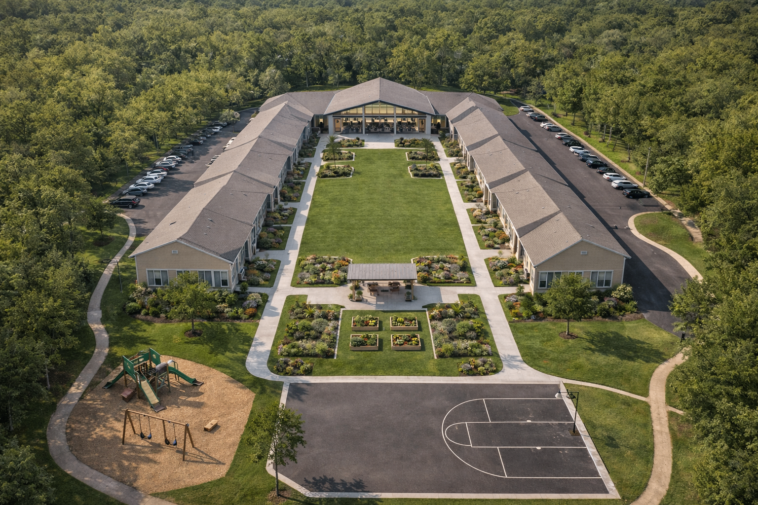 Aerial view of apartment-style community with gardens and courtyard